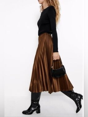 Zara Pleated Satin Midi Skirt in Metallic Brown